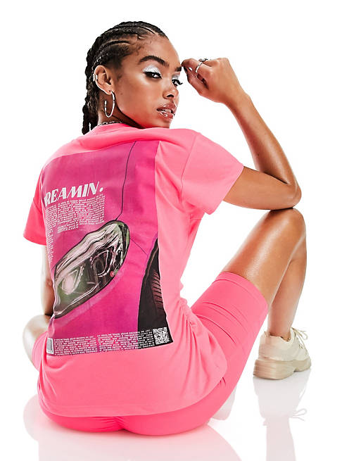 ASYOU cinch waist co-ord t-shirt with dreamin graphic in hot pink