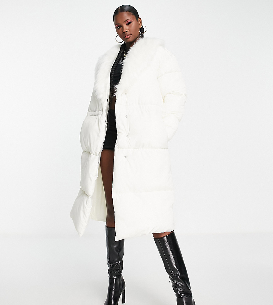 ASYOU cinched waist maxi puffer coat with faux fur trim in cream-Neutral