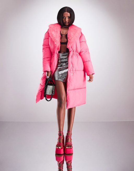 ASYOU cinched waist maxi puffer coat with faux fur trim in pink