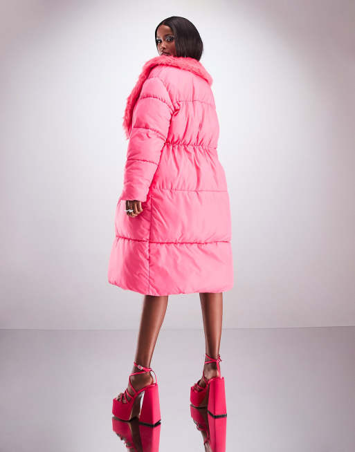 ASYOU cinched waist maxi puffer coat with faux fur trim in pink, 4 of 4