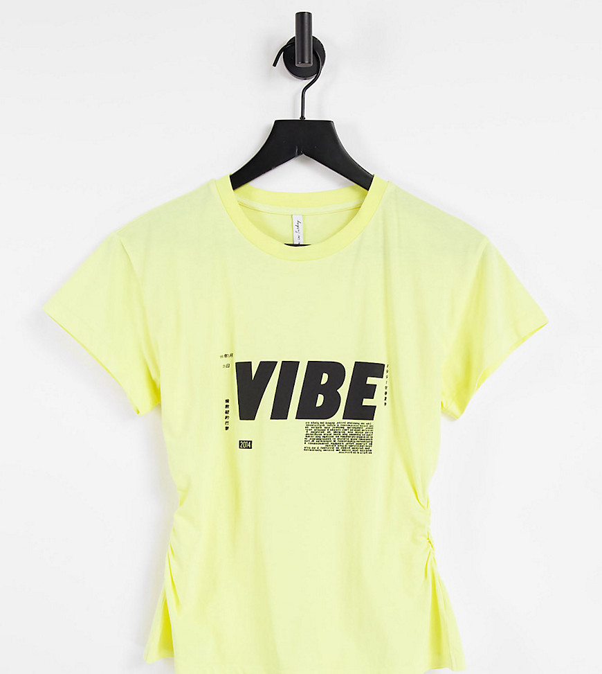 ASYOU cinched waist t-shirt with vibe graphic in yellow