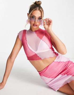 ASYOU colour block exposed seam asymmetric mesh t-shirt co-ord in pink  - ASOS Price Checker