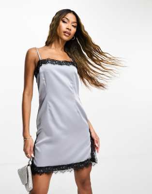 ASYOU contrast lace trim satin cami dress in charcoal