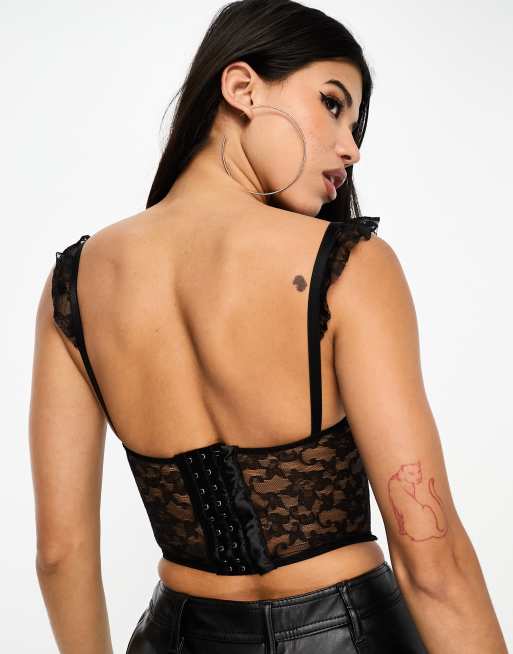 ASYOU - Corset en dentelle avec volants et fines bretelles - Noir, 3 de 4