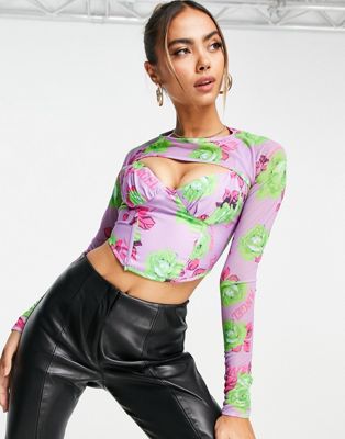 Asyou Corset Top With Detachable Mesh Sleeve In Floral Print-multi