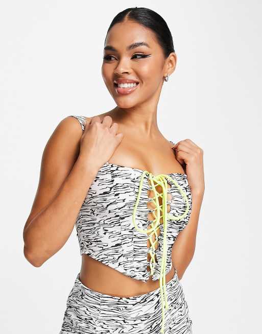 ASOS DESIGN tie front corset top with puff sleeve in white 3D floral lace