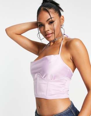 Asyou Cowl Neck Detachable Corset Satin Top In Lilac-purple