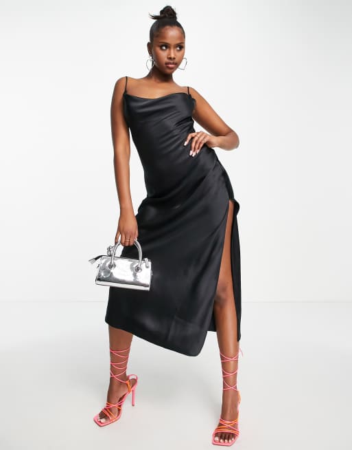 Black Satin Cowl Neck Backless Slip Midi Dress