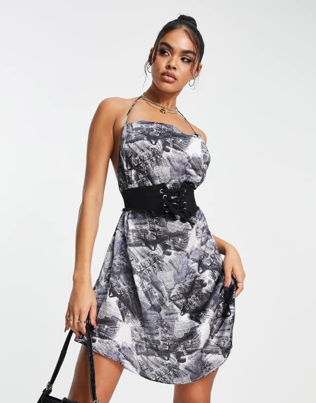 ASYOU cowl neck slip dress with detachable denim corset in mono print