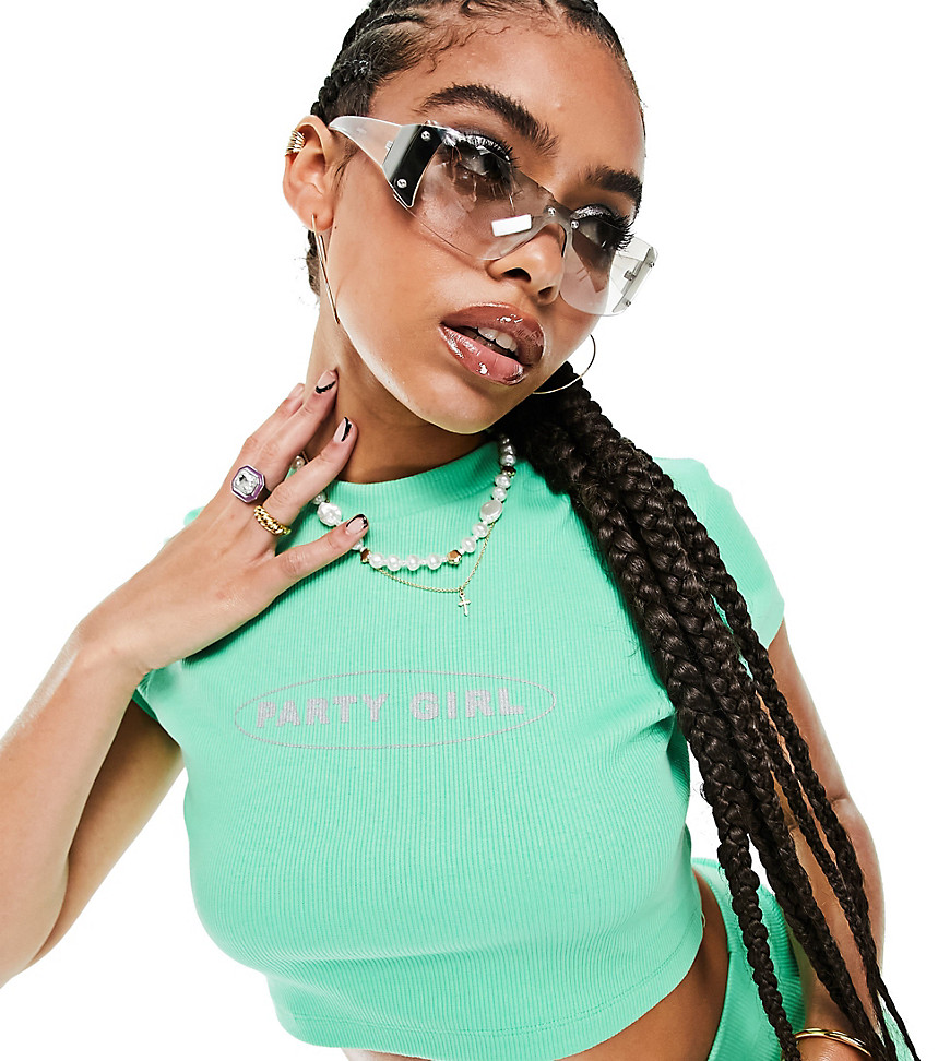 ASYOU crop t-shirt with party girl graphic in green - part of a set