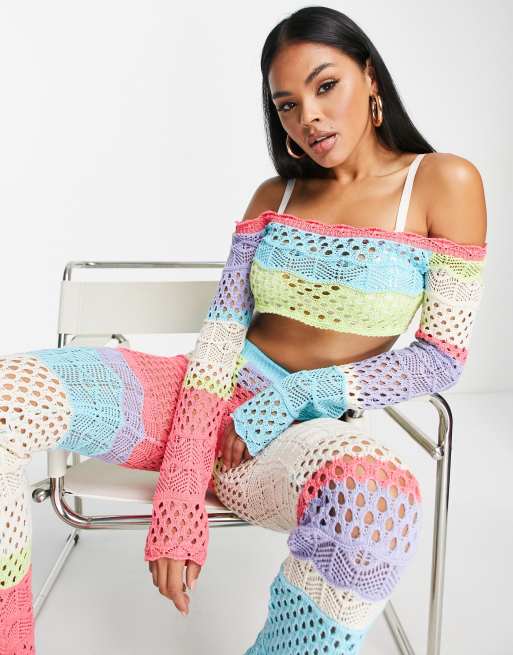 ASYOU - Crop top in maglia all'uncinetto multicolore a maniche lunghe in coordinato 