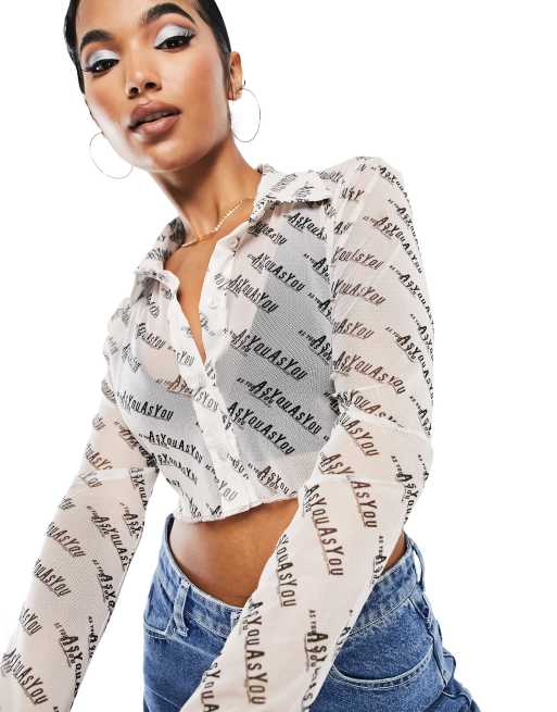 ASYOU - Crop top in rete con monogramma monocromatico, 3 di 4