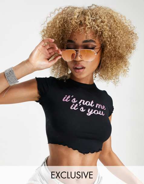 AsYou - Crop top met 'It's not me, it's you' slogan in zwart - view 1