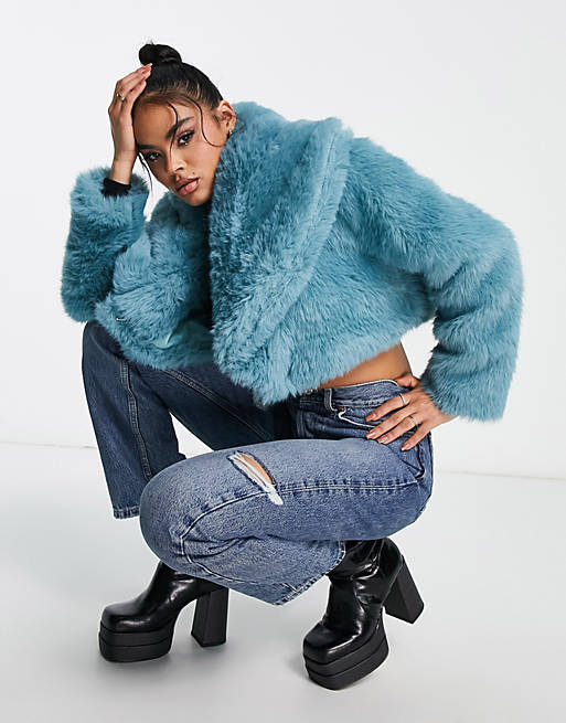 ASYOU cropped faux fur jacket in blue | ASOS