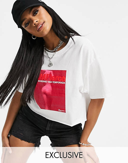 ASYOU cropped oversized t-shirt with fierce graphic in white