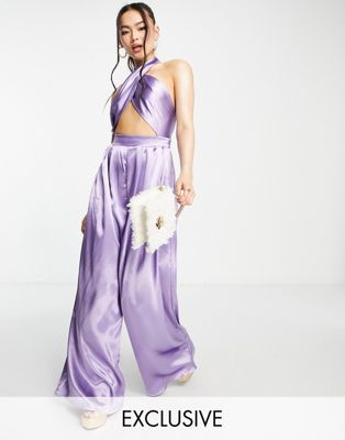ASYOU cross front halter satin jumpsuit in lilac