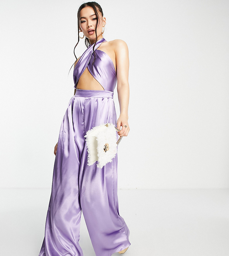 ASYOU cross front halter satin jumpsuit in lilac-Purple