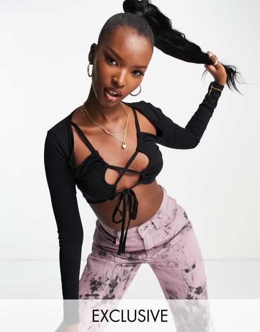 ASYOU cross strap detail crop top in black