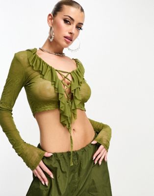 Asyou Crushed Mesh Frill Detail Blouse In Olive-green