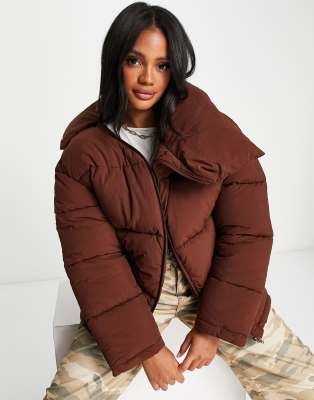 Asyou Curved Collar Oversized Puffer Jacket In Chocolate-brown | ModeSens