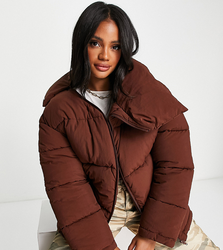 Asyou Curved Collar Oversized Puffer Jacket In Chocolate-brown