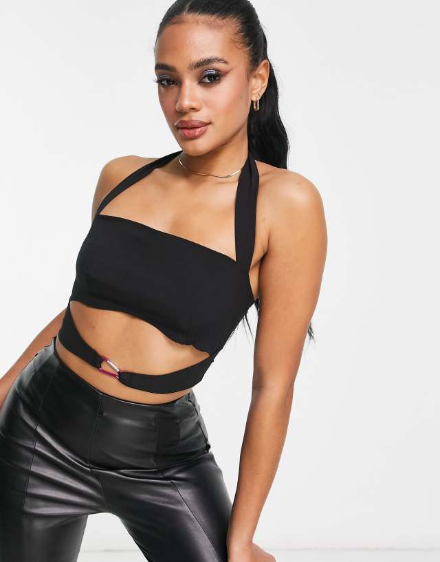 ASYOU cut out halter neck crop top co-ord with carabiner trim in black