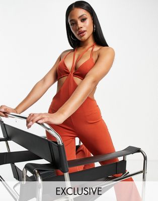 ASYOU cut out halter neck jumpsuit in rust