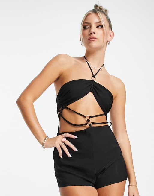 ASOS DESIGN strappy romper with contrast binding in black