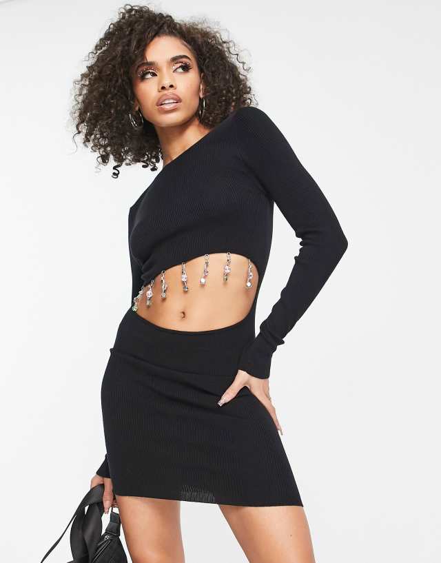 ASYOU cut out knit mini dress with drippy rhinestones in black