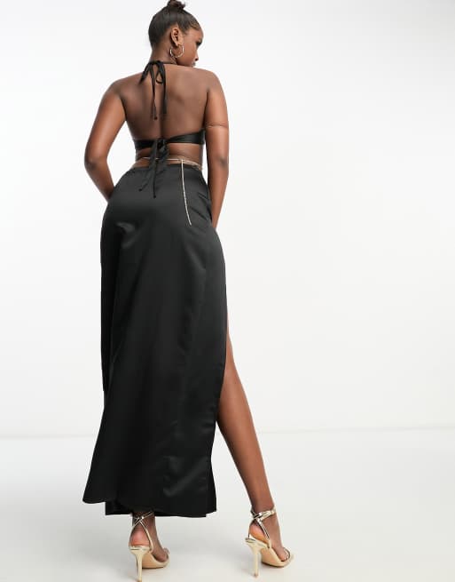 AsYou cut out satin chain detail halter maxi dress in black