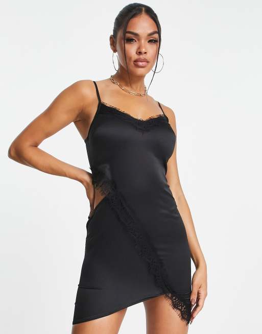 ASYOU cut out satin lace trim cami dress in black |