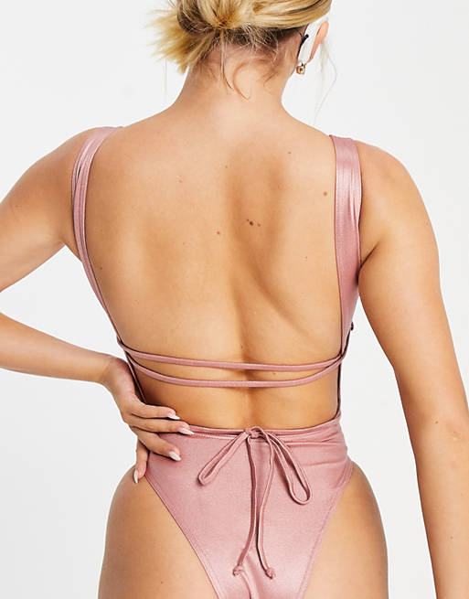 Women ASYOU cut out tie one-piece in pale pink 