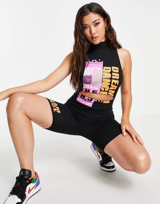 ASYOU cut out waist unitard with dream dance graphic in black, 3 of 4