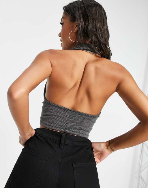 ASYOU – Czarny prążkowany top z dekoltem halter, 2 z 4