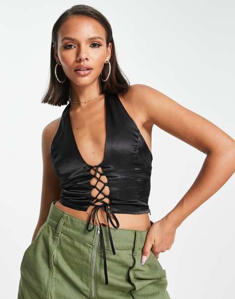 ASYOU – Czarny satynowy top ze sznurowaniem i dekoltem halter - view 1