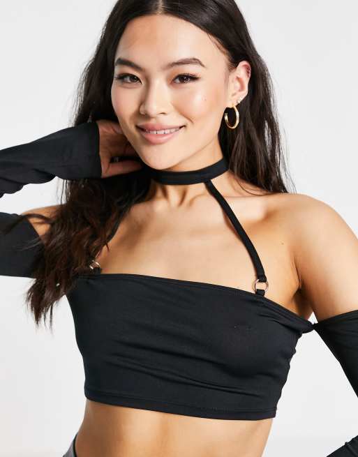 ASYOU – Czarny top z dekoltem typu bardot z chokerem, 3 z 4