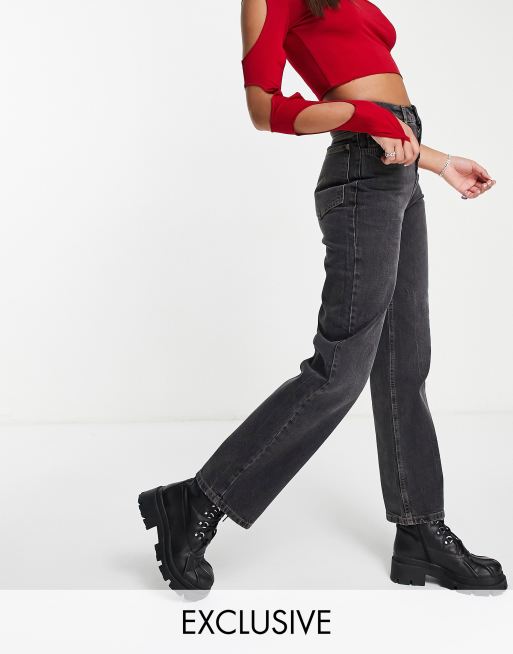 ASYOU – Dad-Jeans in verwaschenem Schwarz mit Ziernähten in Tabakbraun 