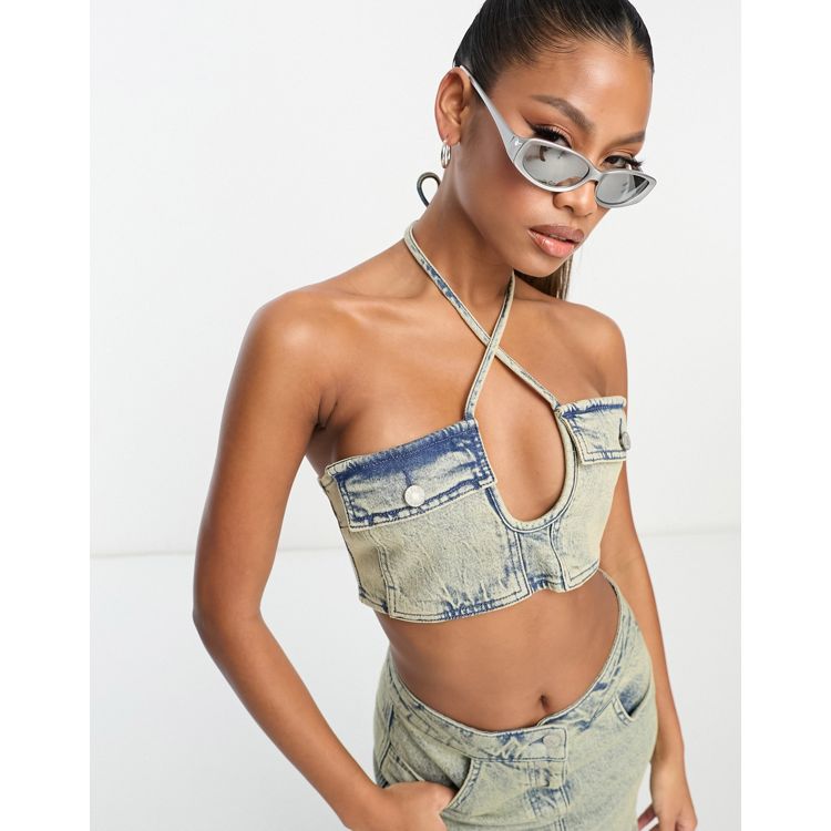 ASYOU denim lace up halter top in blue - part of a set