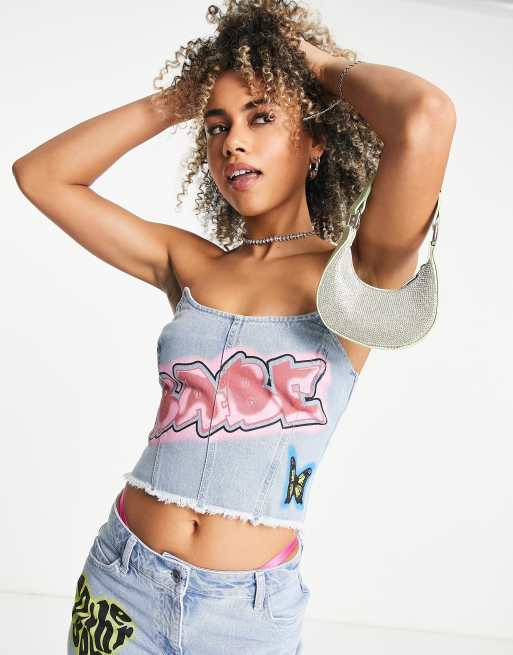 ASYOU denim corset top with badges in blue - part of a set