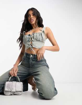 ASYOU denim lace up corset co-ord in dirty wash | ASOS