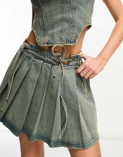 ASYOU denim lace up pleated mini skirt co-ord in dirty wash , 2 of 4