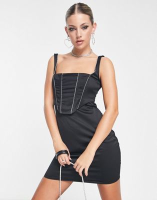 ASYOU diamante corset dress in black satin