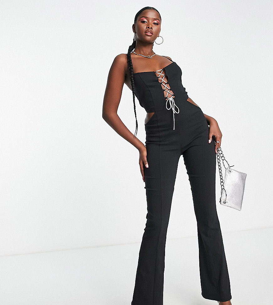 ASYOU diamante detail lace up jumpsuit in black