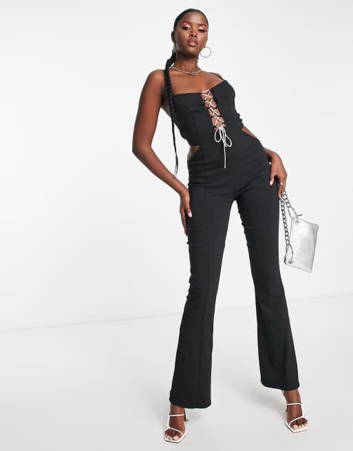 ASYOU satin cross neck cut out jumpsuit in black, ASOS