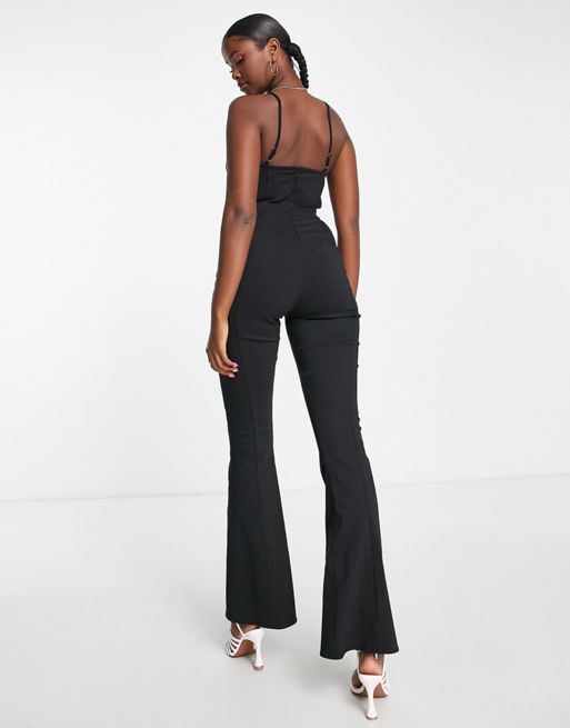 ASYOU satin cross neck cut out jumpsuit in black, ASOS