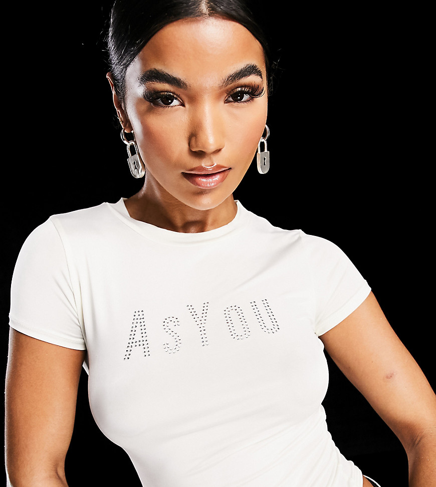 AsYou diamante logo t-shirt bodysuit in ecru-White