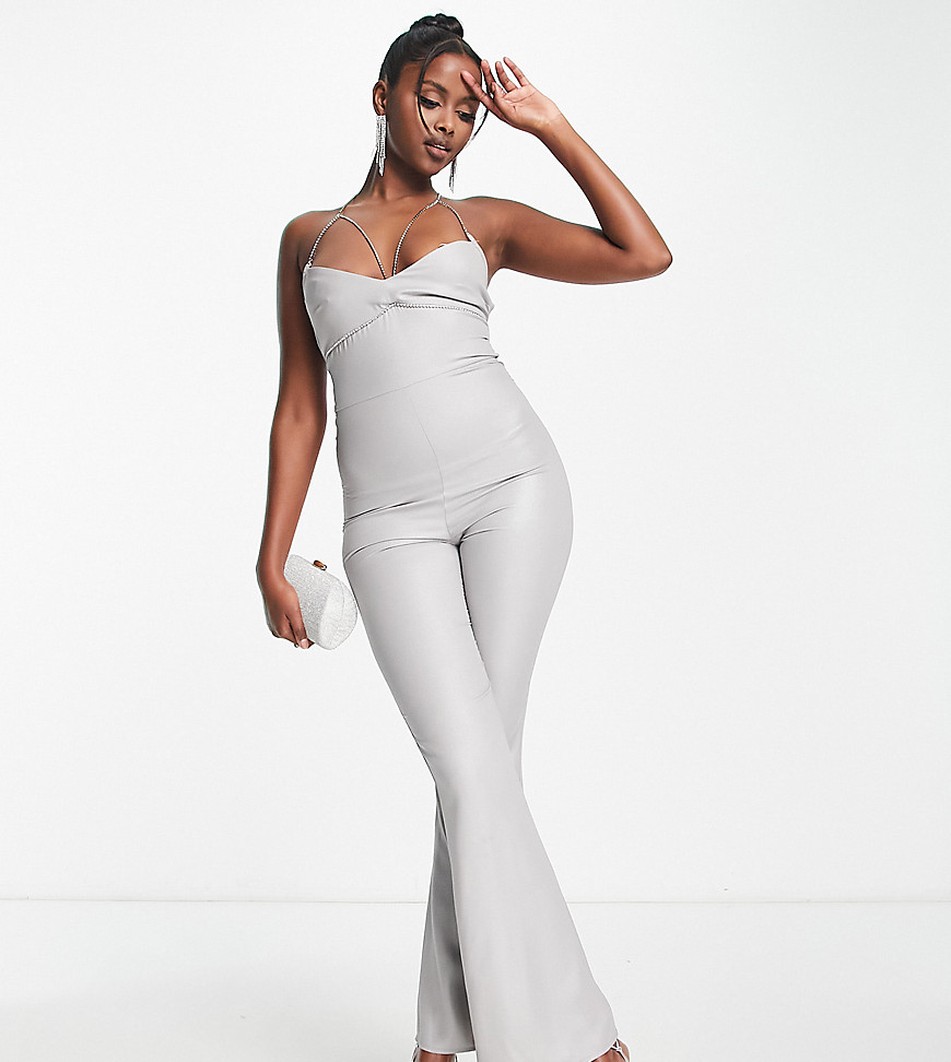 ASYOU diamante strap detail flared jumpsuit in silver
