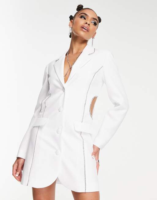 White Satin Oversized Diamante Trim Blazer Dress