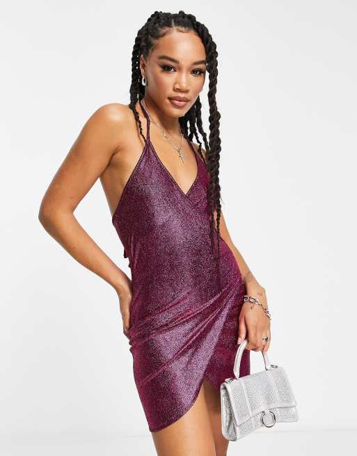 ASYOU - Disco mini jurk met overslag en halternek in roze | ASOS