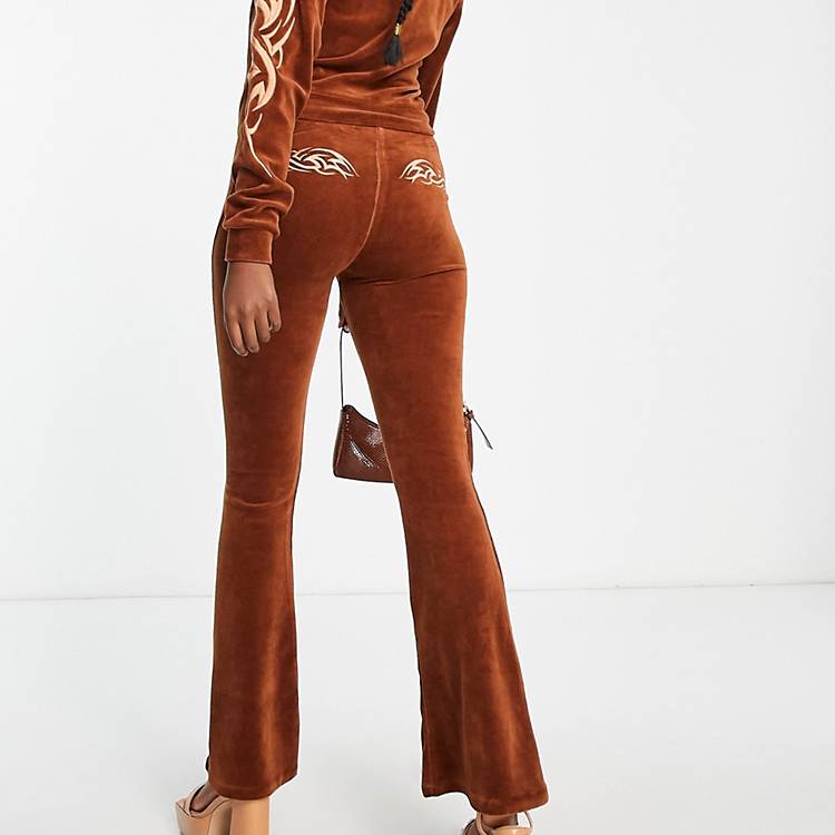 ASYOU embroidered velour flare pants in tan - part of a set